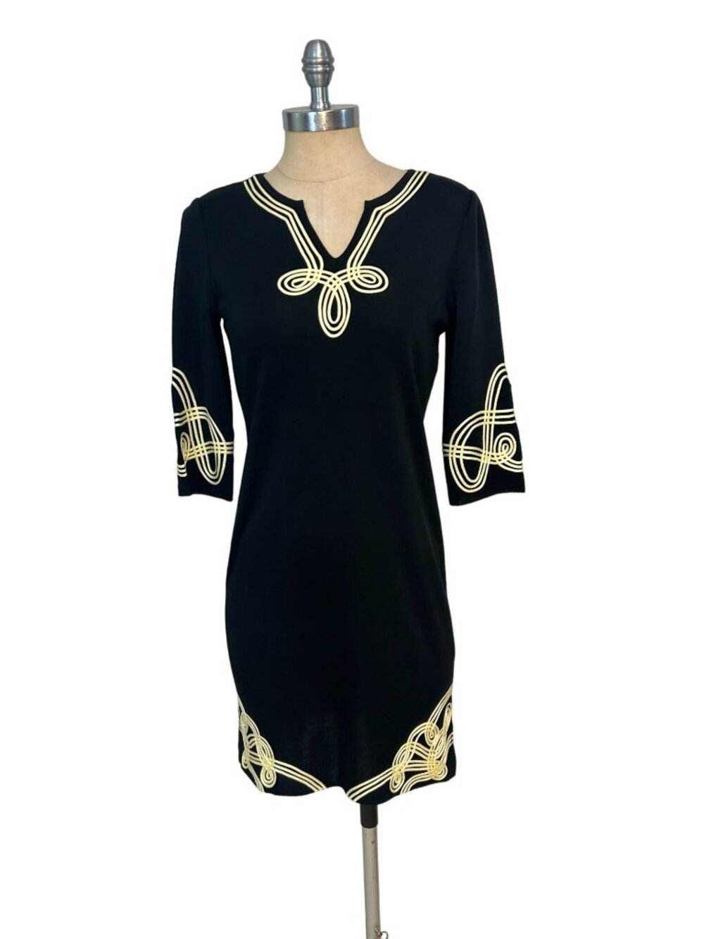 Ming Wang Acrylic Black Dress With Gold Embroidery Petite XS